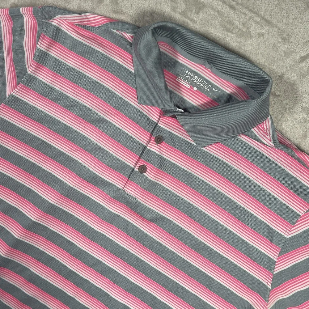 Nike Golf Dri-Fit Tour‎ Performance Polo Men's L Gray Pink Striped